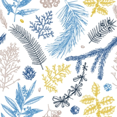 Merry Christmas seamless pattern. With vintage winter flowers, evergreen, conifers plants. Vector design with hand drawn botanical elements.  For wrapping paper, greeting cards, banners, packaging.